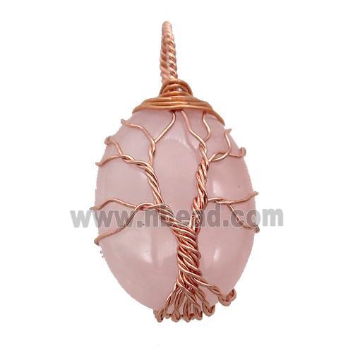 Rose Quartz oval pendant with wire wrapped, tree of life, rose gold