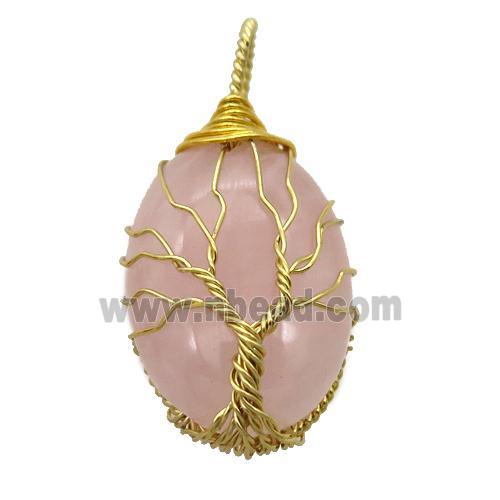 Rose Quartz oval pendant with wire wrapped, tree of life, gold plated