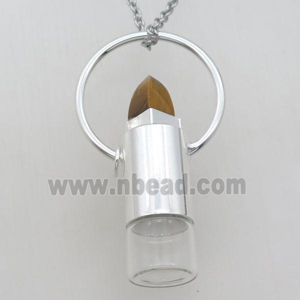 copper perfume bottle Necklace with tiger eye stone, shinny silver plated
