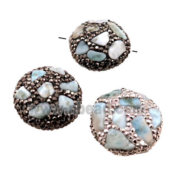 Clay coin Beads paved rhinestone with Larimar, mixed