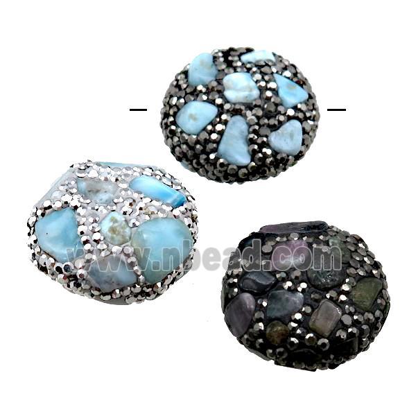 Clay coin Beads paved rhinestone with Larimar, mixed
