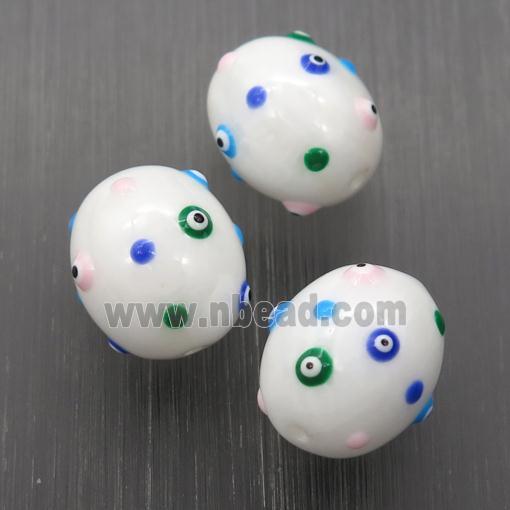 white lampwork Glass barrel Beads with evil eye