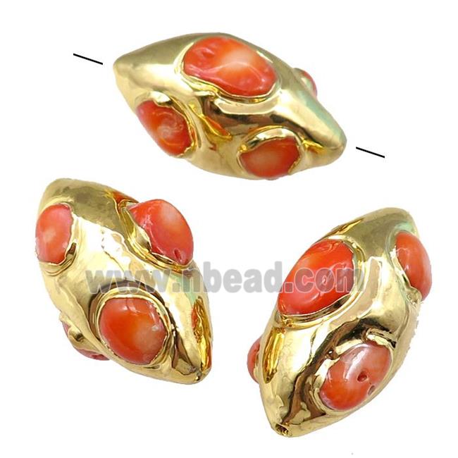 red Coral rice beads, gold plated
