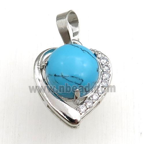 blue synthetic Turquoise pendant paved rhinestone, heart, platinum plated
