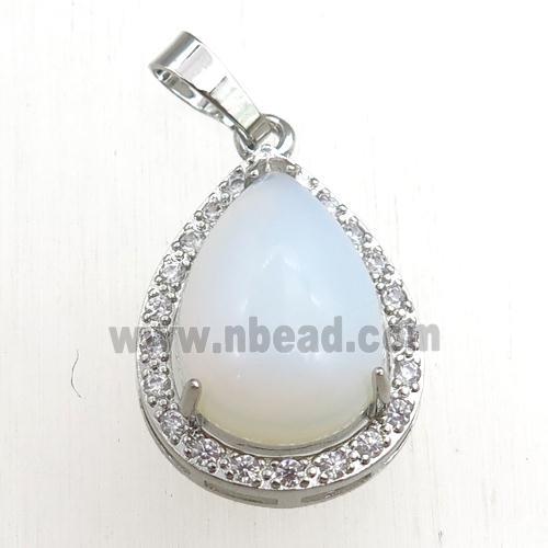 white opalite pendant paved rhinestone, teardrop, platinum plated