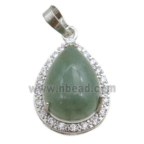 green aventurine pendant paved rhinestone, teardrop, platinum plated