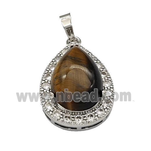 tiger eye stone pendant paved rhinestone, teardrop, platinum plated