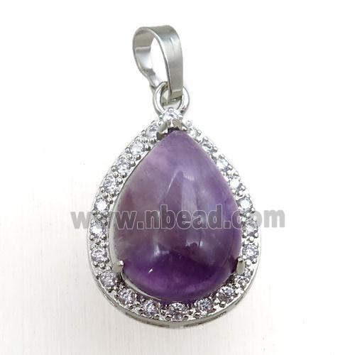 purple amethyst pendant paved rhinestone, teardrop, platinum plated