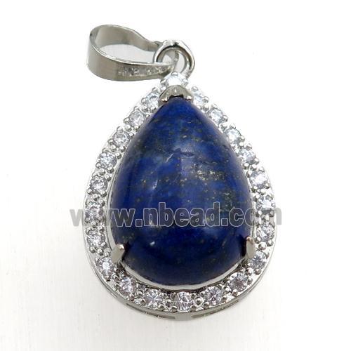 blue lapis pendant paved rhinestone, teardrop, platinum plated