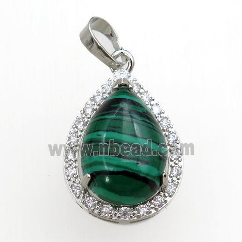 green malachite pendant paved rhinestone, teardrop, platinum plated