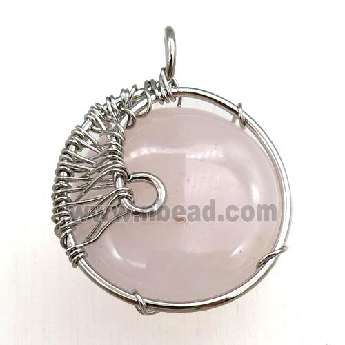 rose quartz pendant, circle, wire wrapped