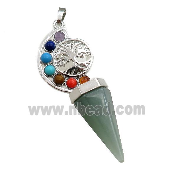 green aventurine chakra pendulum pendant, tree of life, platinum plated