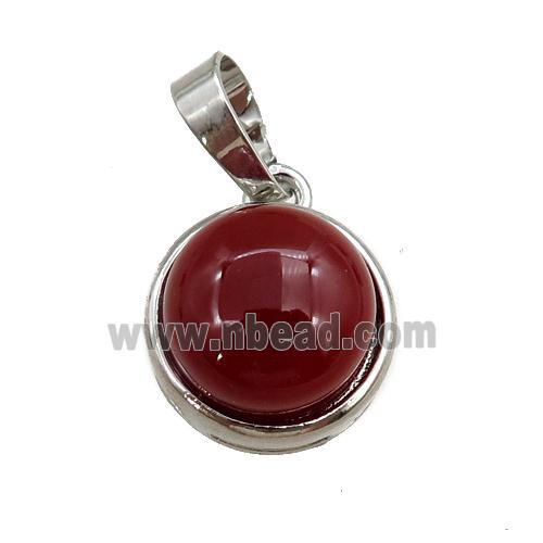 red carnelian agate pendant, circle, platinum plated