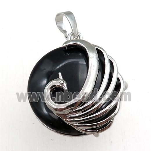 black onyx agate circle pendant with phoenix