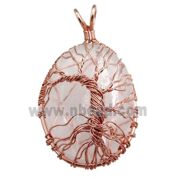 clear quartz oval pendant with tree of life, wire wrapped