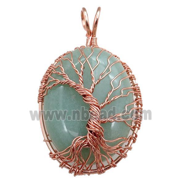 green aventurine oval pendant with tree of life, wire wrapped