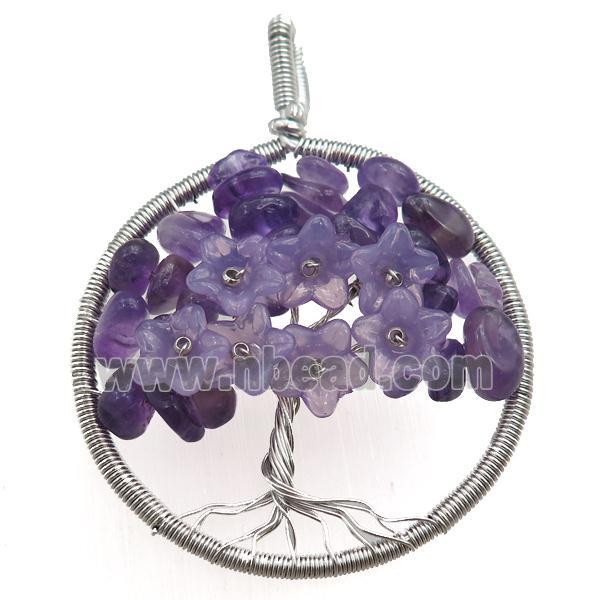 amethyst pendant, tree of life, wire wrapped