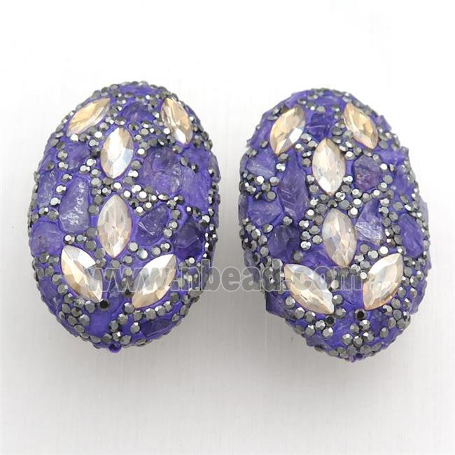 Clay oval beads paved rhinestone with amehtyst