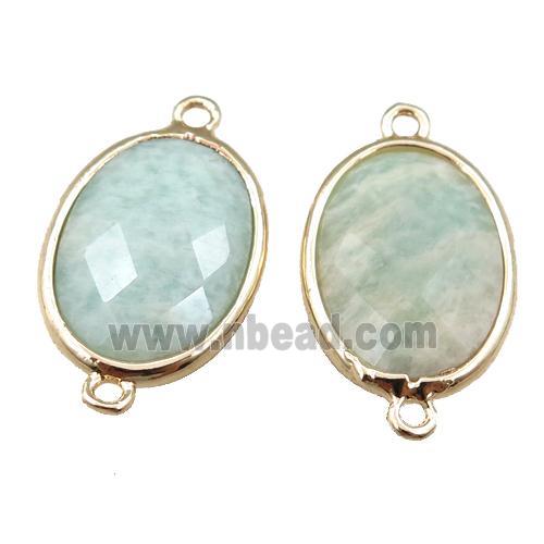 green Amazonite connector, faceted oval, gold plated