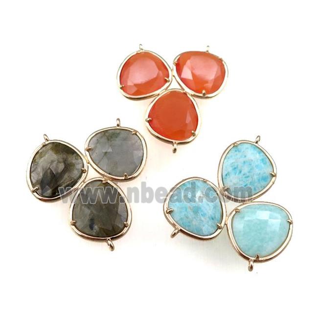 mixed gemstone connector with 3loops, triangle, gold plated