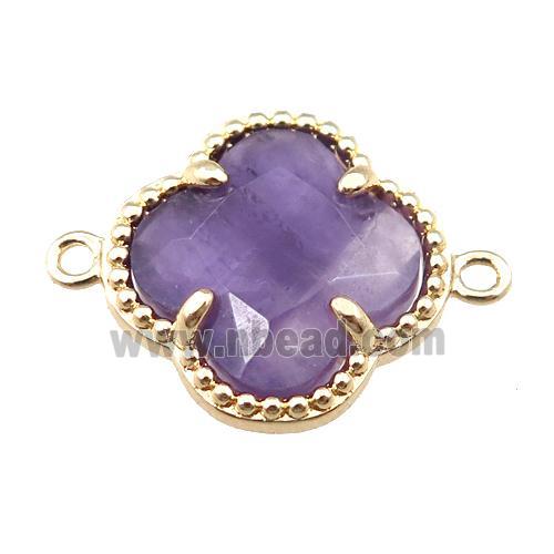purple amethyst connector, faceted clover, gold plated