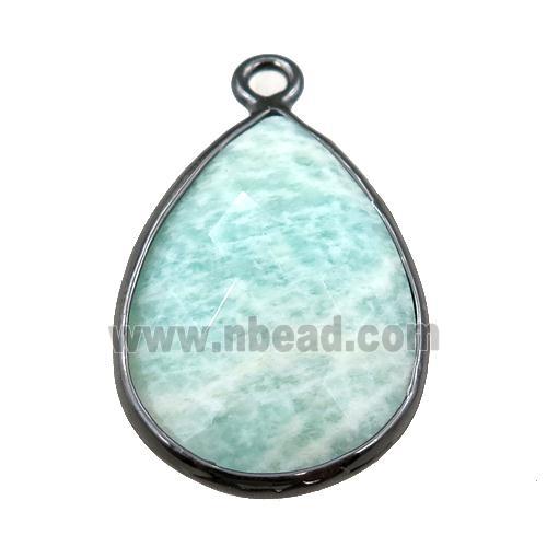 green Amazonite pendant, faceted teardrop, black plated