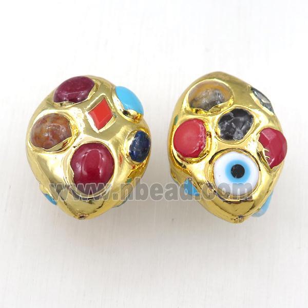 clay oval beads paved gemstone, gold plated