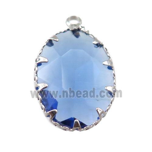 lt.blue crystal glass oval pendant, platinum plated