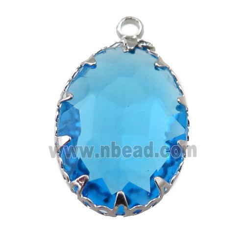 blue crystal glass oval pendant, platinum plated
