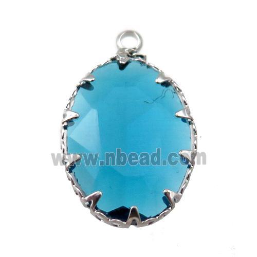 aqua crystal glass oval pendant, platinum plated