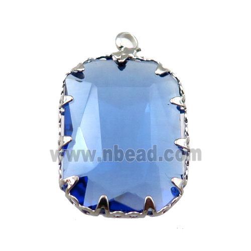 blue crystal glass rectangle pendant, platinum plated