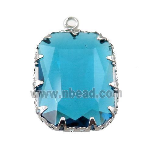 peacockblue crystal glass rectangle pendant, platinum plated