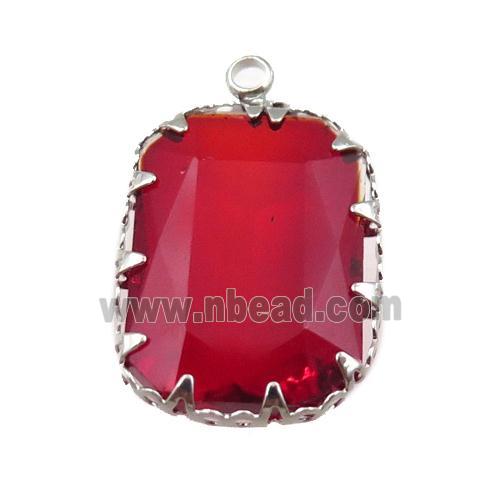 red crystal glass rectangle pendant, platinum plated