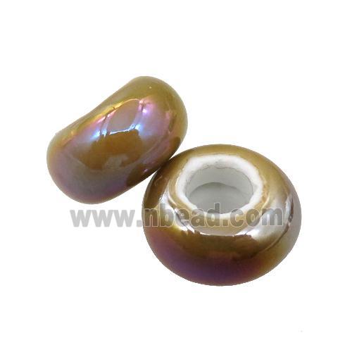 Europe style brown Pearlized Glass rondelle beads, AB-color electroplated