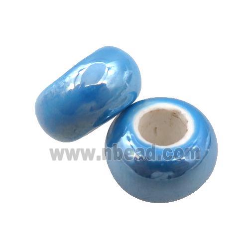Europe style blue Pearlized Glass rondelle beads, light electroplated