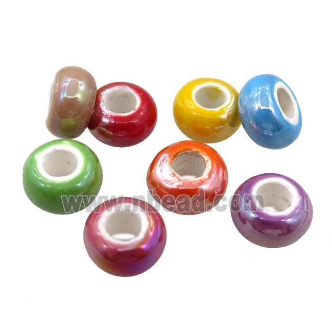 Europe style Pearlized Glass rondelle beads, large hole, electroplated, mixed
