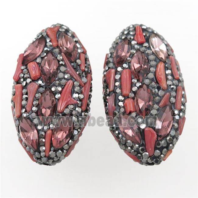 Clay oval beads paved rhinestone with red coral