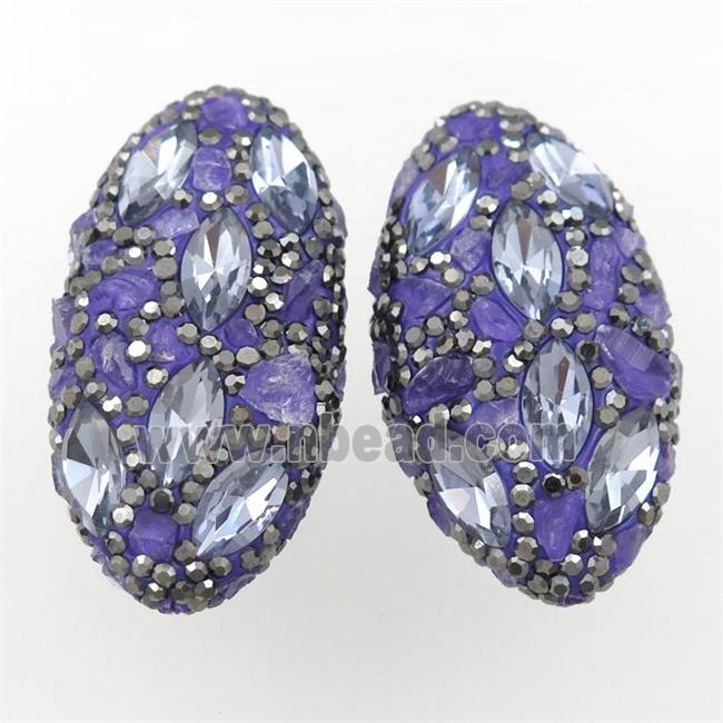 Clay oval beads paved rhinestone with amethyst