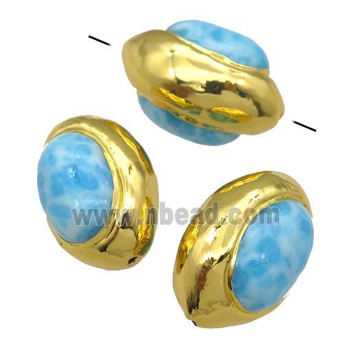 blue Larimar barrel Beads, treated, gold plated