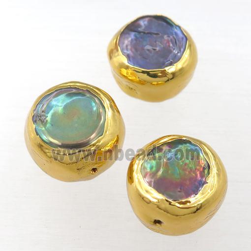 Abalone Shell button coin beads, gold plated