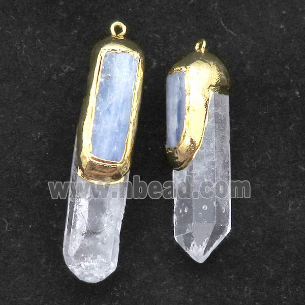 Clear Quartz stick pendant with kyanite, gold plated