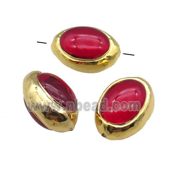 red Cat Eye Glass barrel beads, gold plated