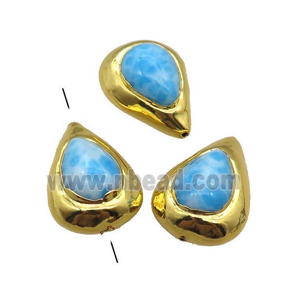Larimar teardrop Beads, blue dye treated, gold plated