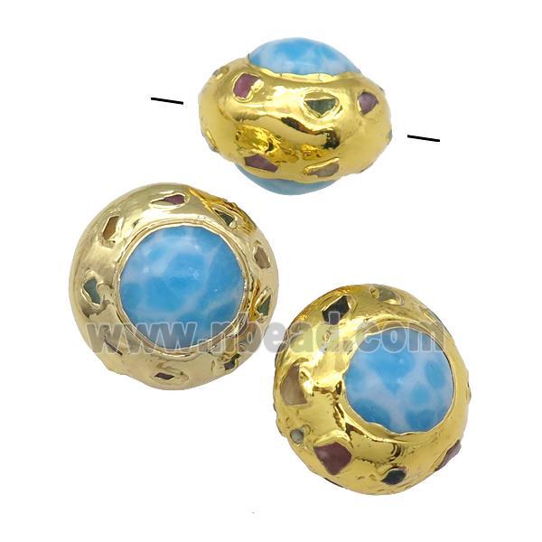 Larimar round beads, blue Dye treated, gold plated