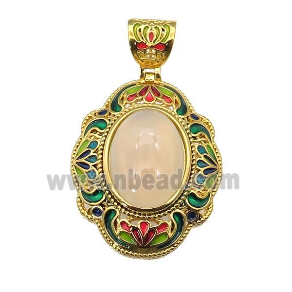 copper Oval pendant with yellow jade, enamel, gold plated
