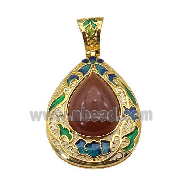 copper Teardrop pendant with carnelian, enamel, gold plated