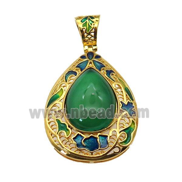 copper Teardrop pendant with green agate, enamel, gold plated