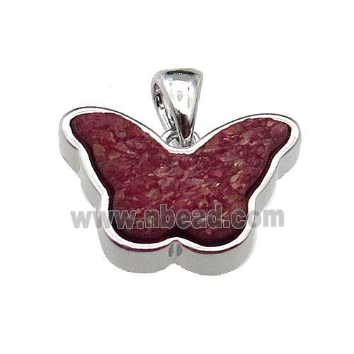 red Resin Druzy butterfly pendant, platinum plated