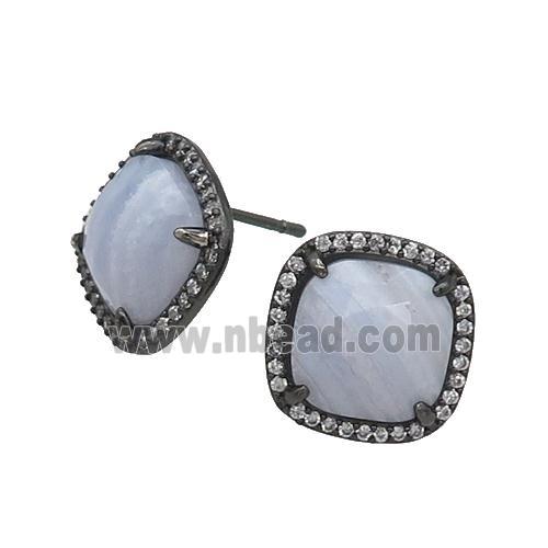 Blue Lace Agate Stud Earring Square Black Plated