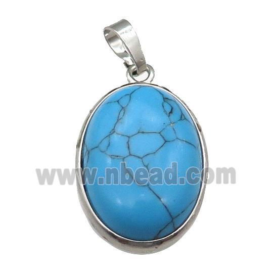 Blue Synthetic Turquoise Oval Pendant Platinum Plated
